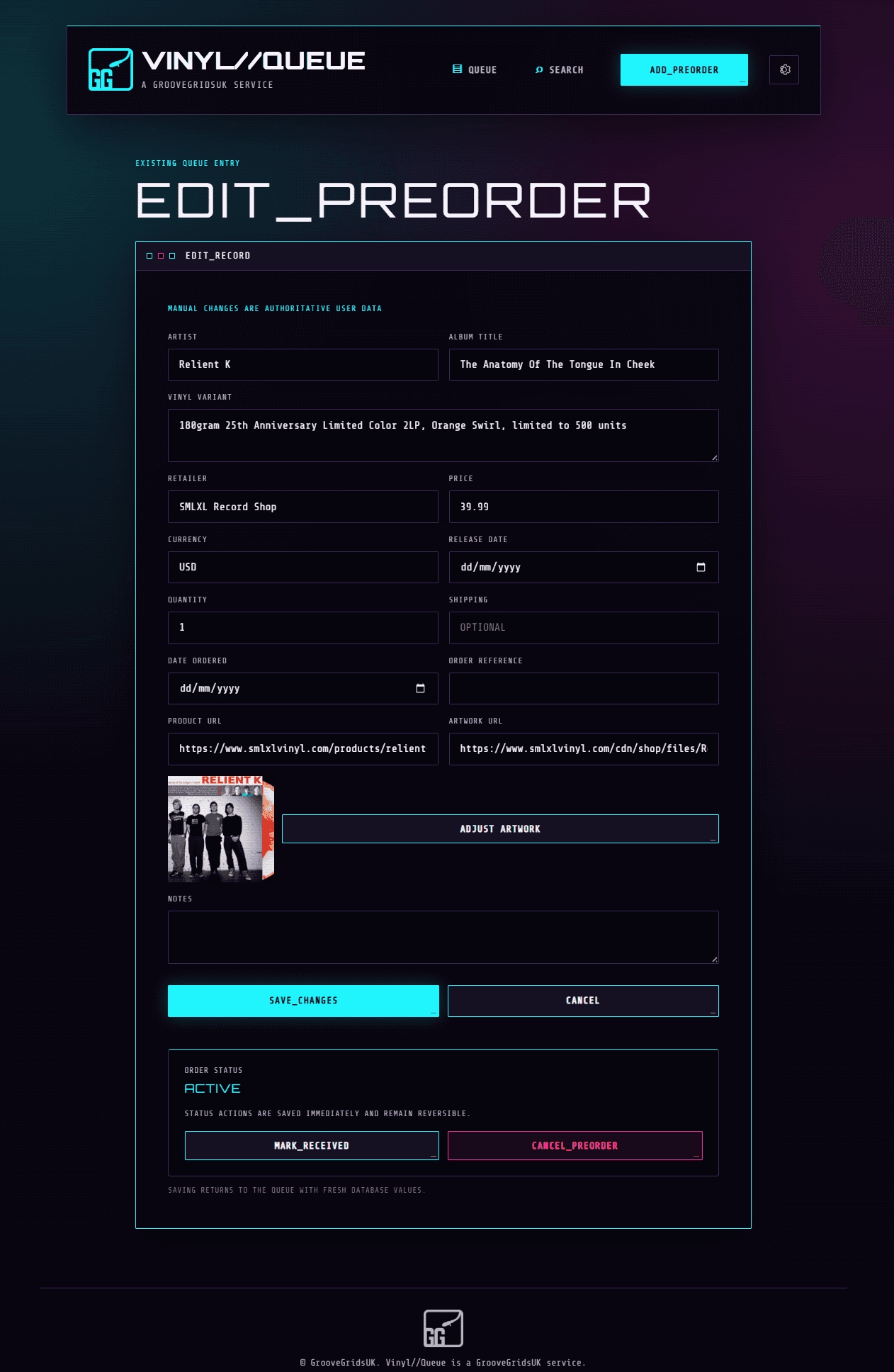 Vinyl//Queue edit screen with record details and controls to mark a preorder received or cancelled