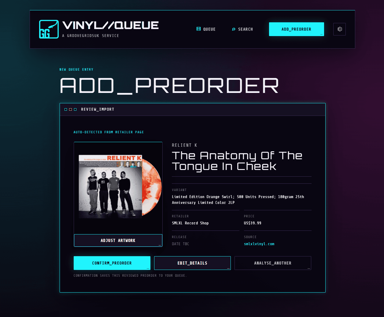 Vinyl//Queue import review showing a detected album, variant, retailer and price before confirmation