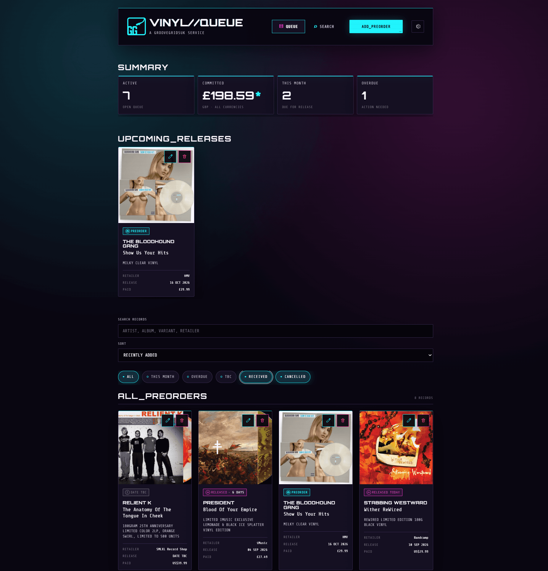 Vinyl//Queue dashboard showing active preorders, committed spend, upcoming releases and the full record queue